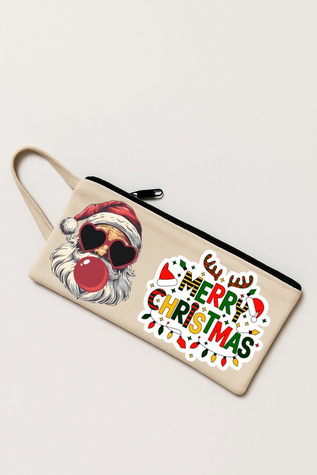 Christmas Noel Santa Claus Christmas Design 100% Cotton Pencil Case, Purse, Makeup Bag, Handbag