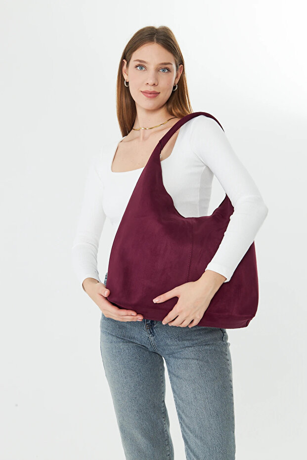 Burgundy Suede-Look Women's Shoulder Bag: Stylish and Spacious Everyday Bag Models