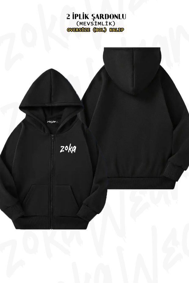 Unisex Zoka Printed Lettered Hooded Zippered Cardigan 2 Thread Raised