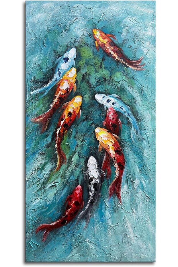 Nine Fishes Abstract Wall Art – Vertical Hand-Painted Canvas (60x120 cm Framed)