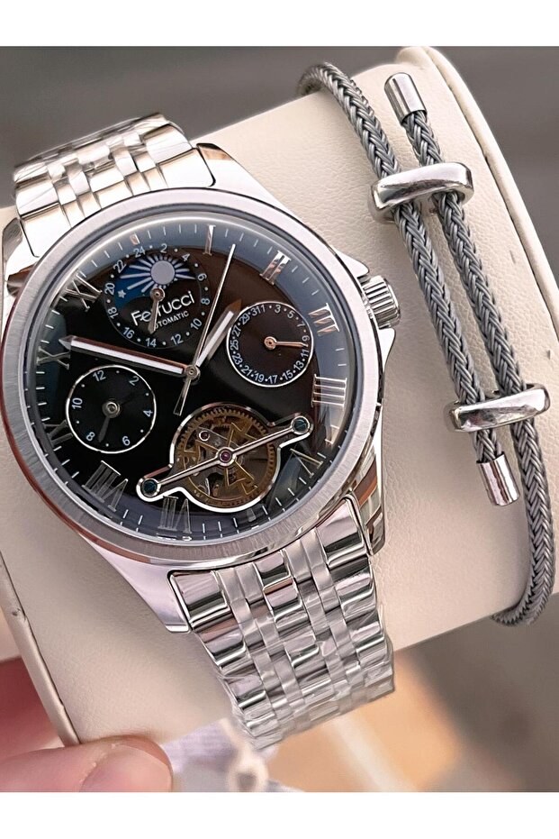 Automatic and Self-Winding Sun and Moon Phase Dial Steel Band Men's Wristwatch Bfc.03606.5