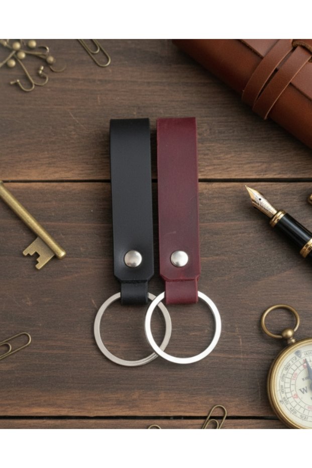 2 Pcs Genuine Leather Keychain Black Burgundy Real Leather Keyring Gift Key Chain