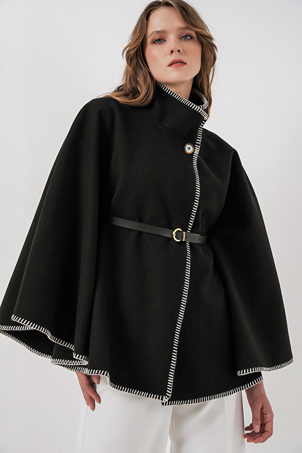 Women's Stitch Detailed Cashmere Poncho 9166 - Black