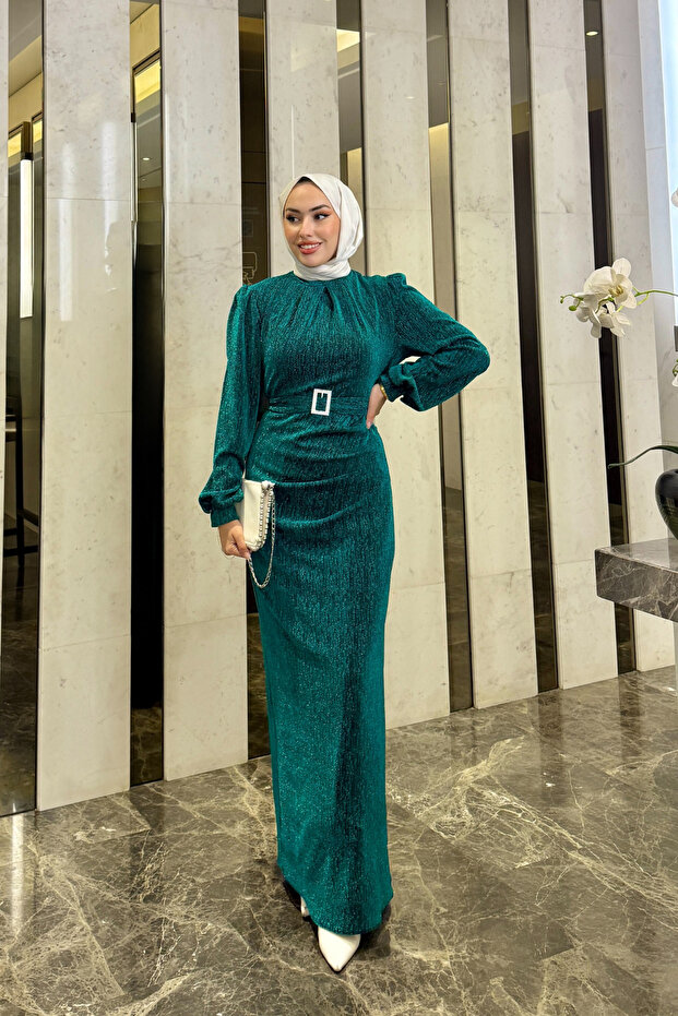 Seçil Glittery Hijab Evening Dress Turquoise