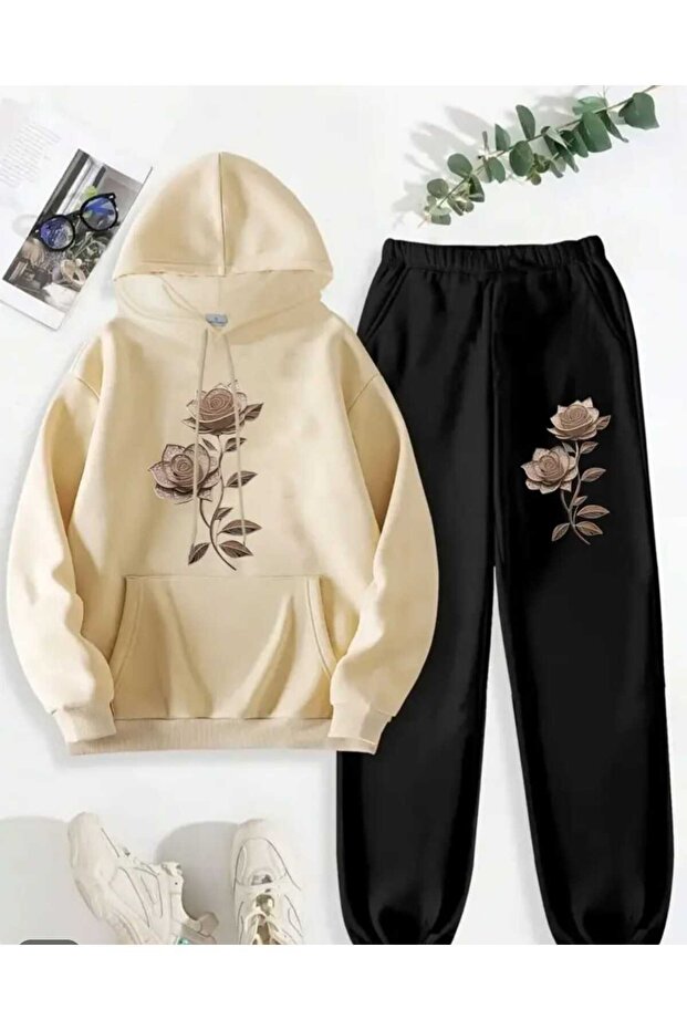Minimalist Rose Pattern Printed Hoodie Set
