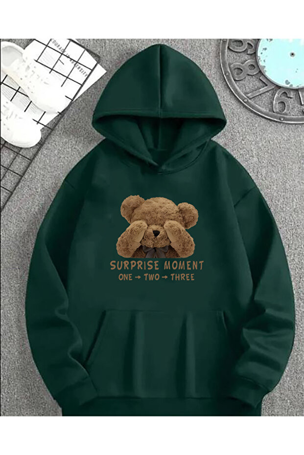Surprise Moment Teddy Print Detailed Hooded Sweatshirt