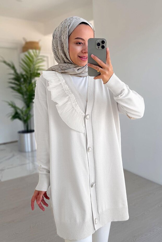 Omzu Ruffle Mercerized Cardigan - White