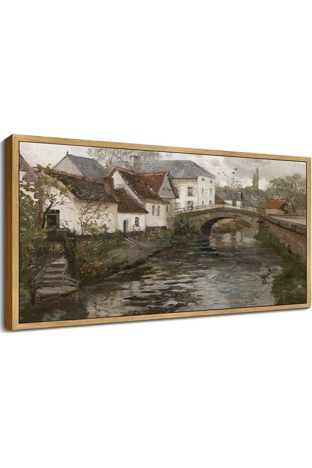 French Town Countryside Wall Art – Vintage River Landscape (50x100 cm )