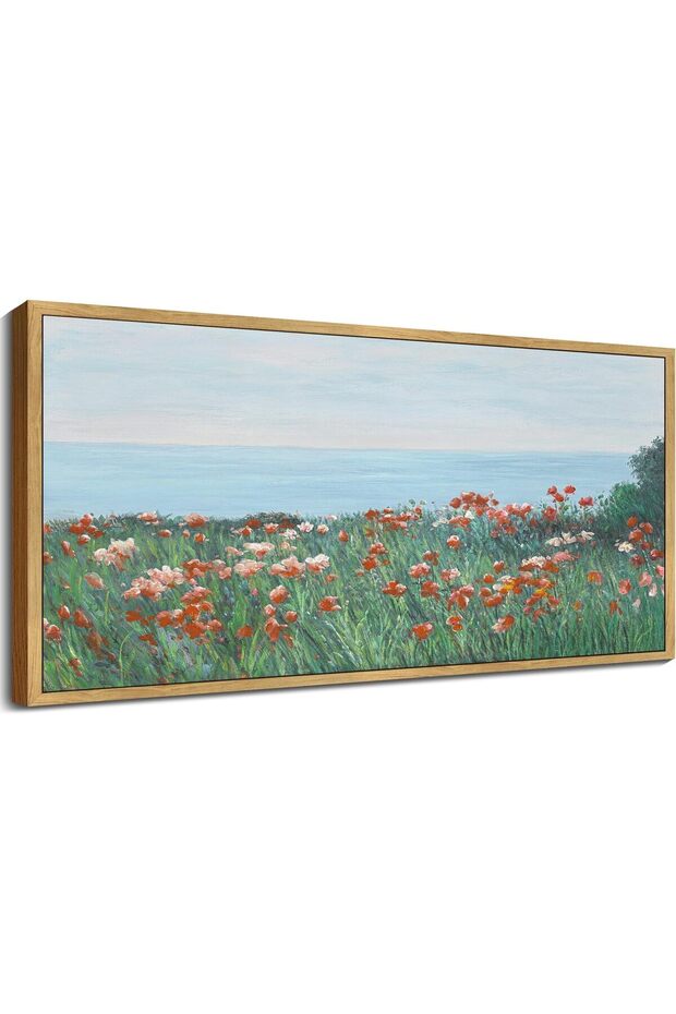 Red Wildflower Coastal Landscape – Rustic Vintage Canvas Print (60x120 cm Framed)