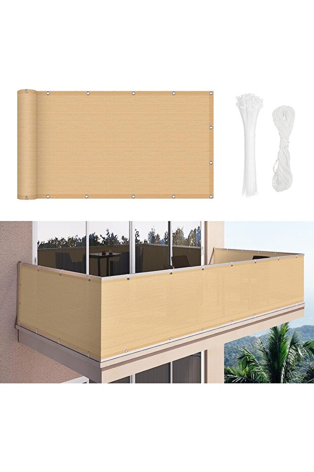 OneDcor Balcony Privacy Screen Fence 0.9 x 5M Beige - Windproof Mesh Shade Cover