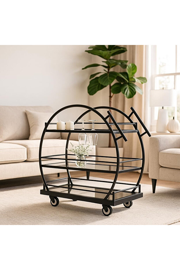 FFD 3-Tier Round Arched Bar Cart – Glass Shelves, Welded Metal Frame, 1.3cm Black 80x40x90cm