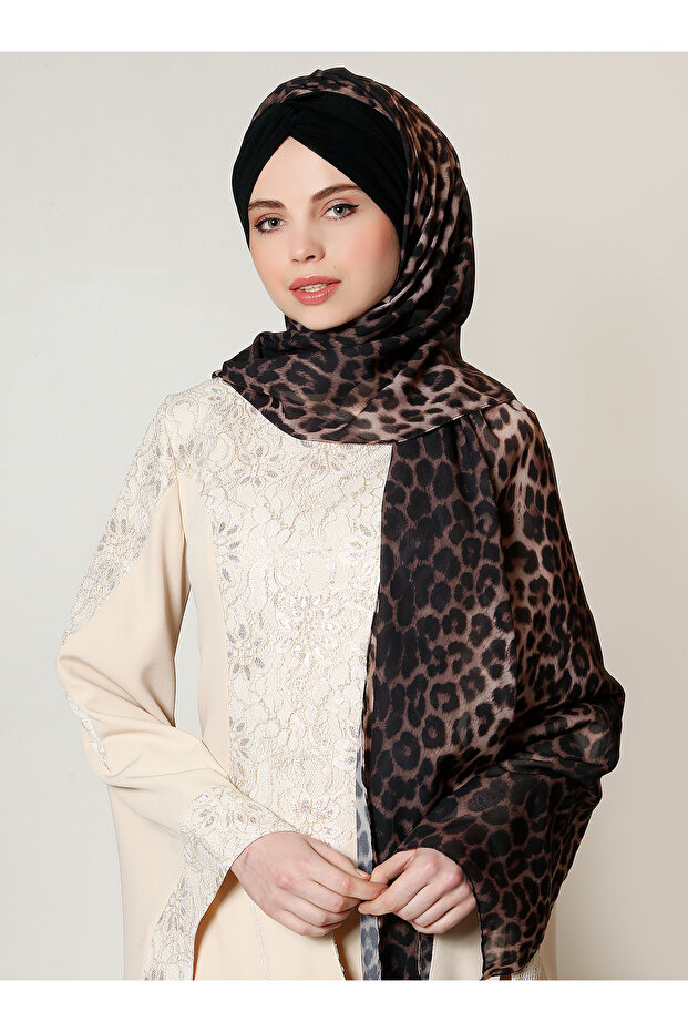 Leopar Düğüm Şifon Şal - Siyah - 3
