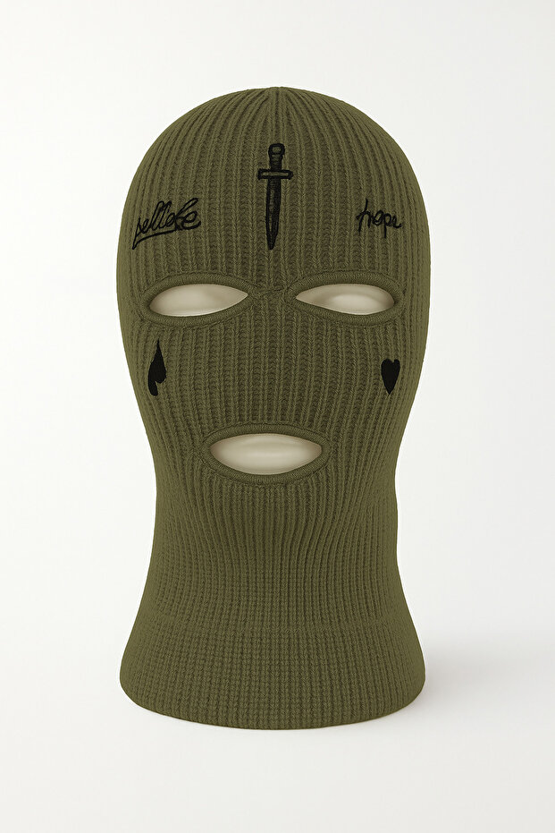 Acrylic Unisex Khaki Winter Biker Mask with Tear and Sword Embroidery Knitted Balaclava