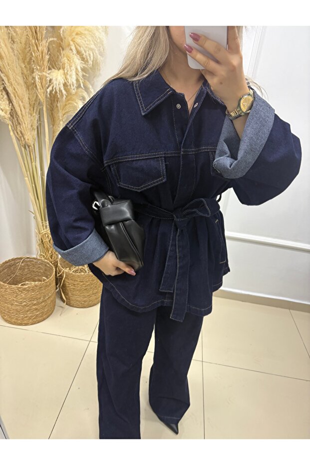 Tie-Up Dark Blue Jacket Pants Denim Set