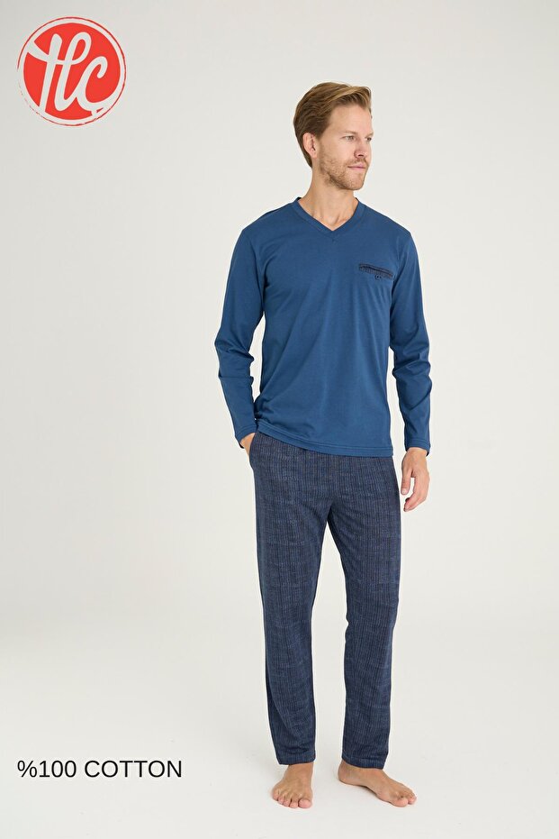 Men's 100% Cotton 4 Season Fabric V-Neck Long Sleeve Pajama Set