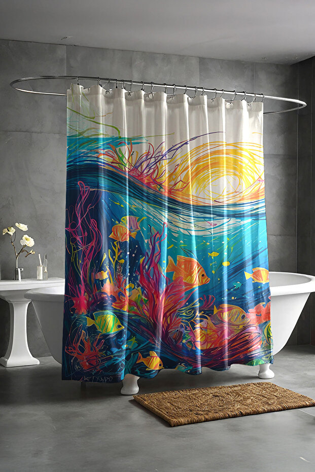 Bathroom Curtain, Colorful Fish Pattern Shower Curtain, Bathtub Curtain, with Ring Gift 175X200Cm Bp-01