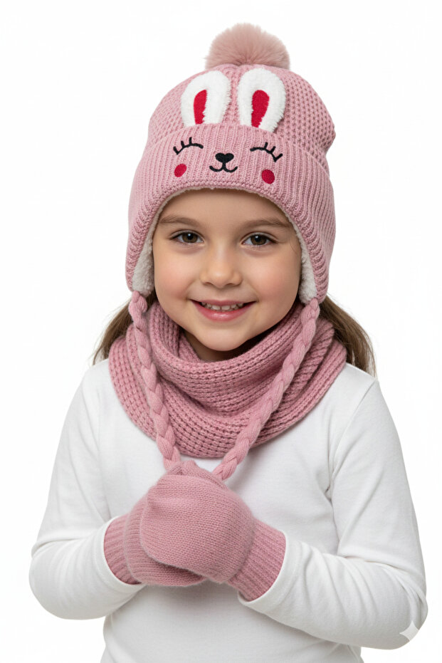 Rabbit & Pompom Girls' Winter Knitted Scarf Beanie Gloves 3-Piece Set