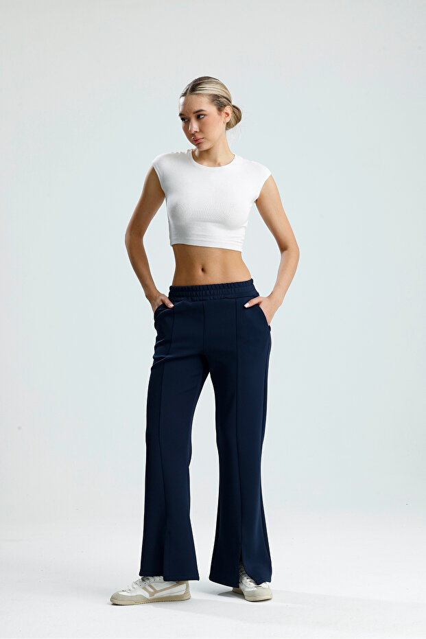 Slit Detailed Leg Premium Puff Scuba Elastic Waist Pocketed Trousers