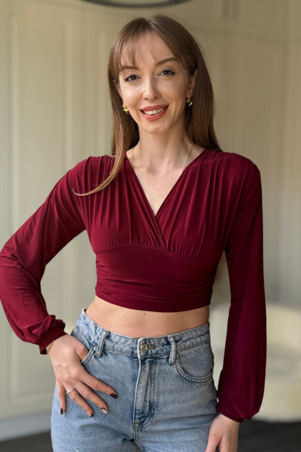 V Neck Draped Burgundy Bodysuit