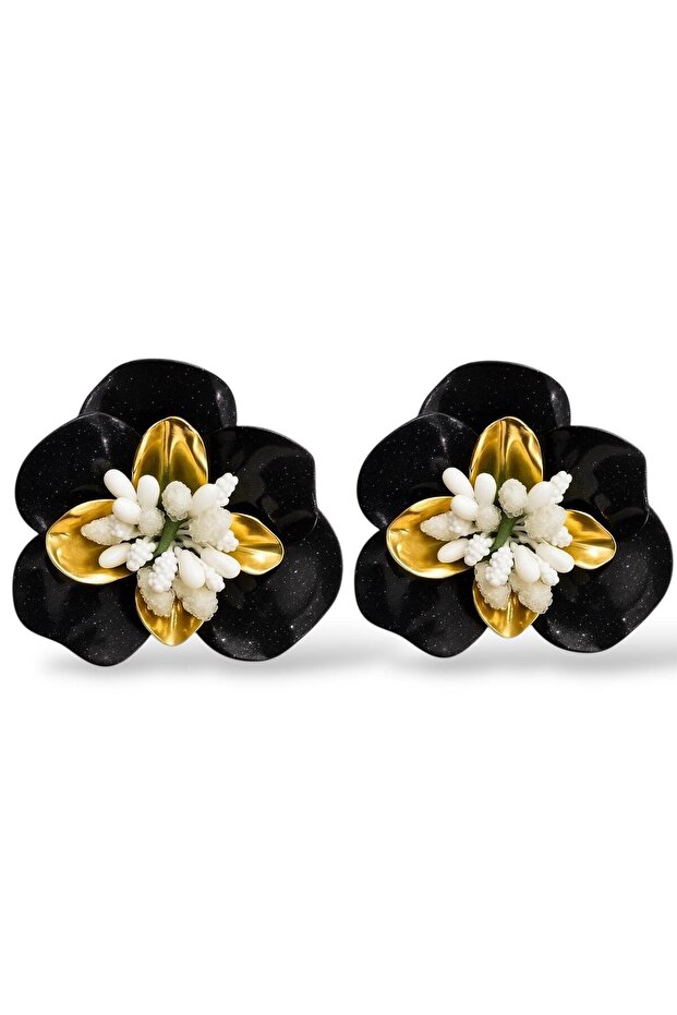 Black Flower Form Gold Detailed Earrings