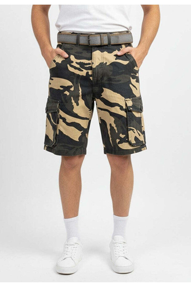 Men's Army Print 6 Pocket Short With Belt