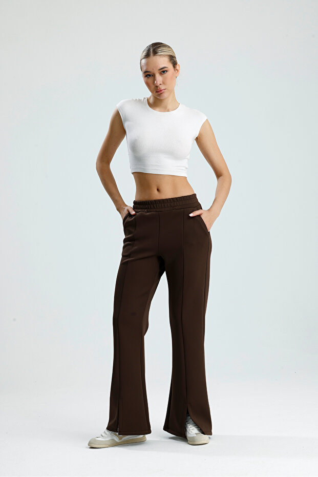 Slit Detailed Leg Premium Puff Scuba Elastic Waist Pocketed Trousers
