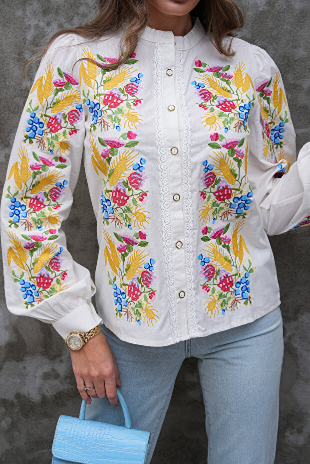 Button and Lace Detailed Fully Embroidered Judge Collar Shirt