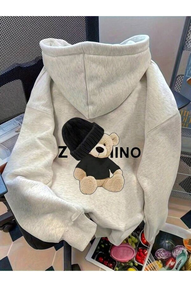 Z-Shaped Teddy Bear Print Hooded Sweatshirt – Street Cute Model