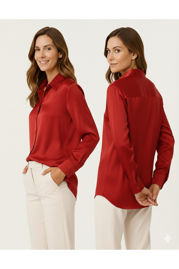 Kadın Oversize Basic saten Gömlek - Kırmızı - 1