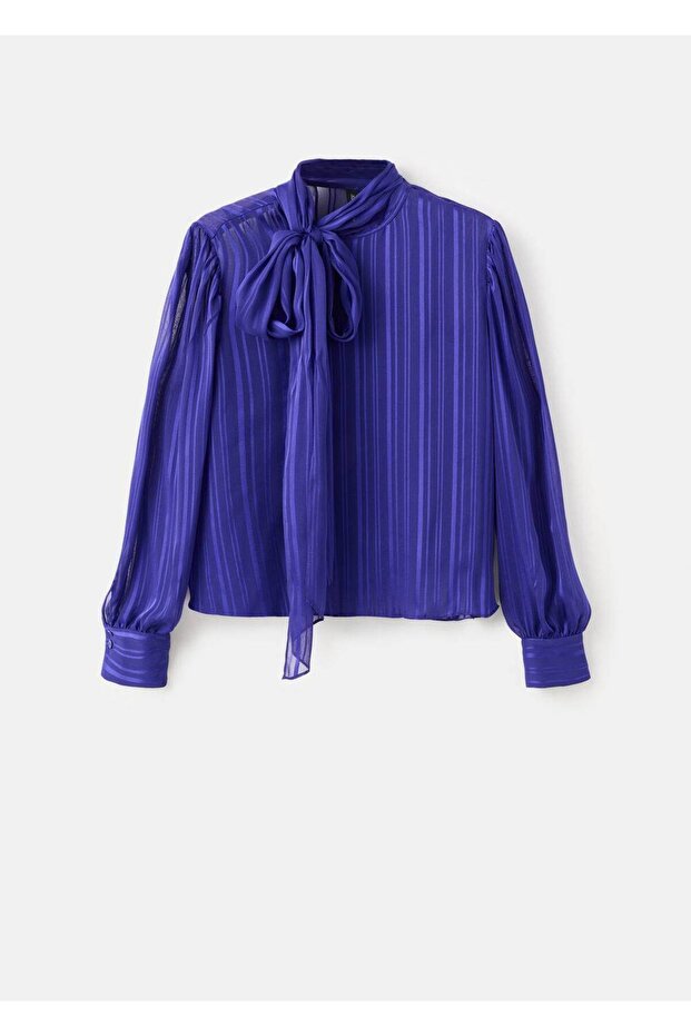 Çizgili fular detaylı bluz - 3