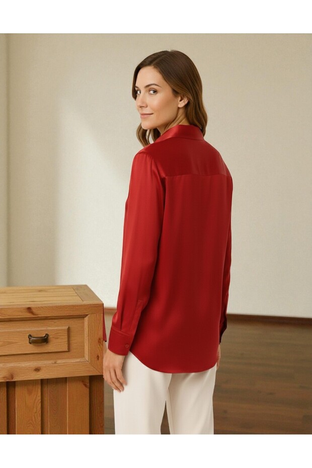 Kadın Oversize Basic saten Gömlek - Kırmızı - 3