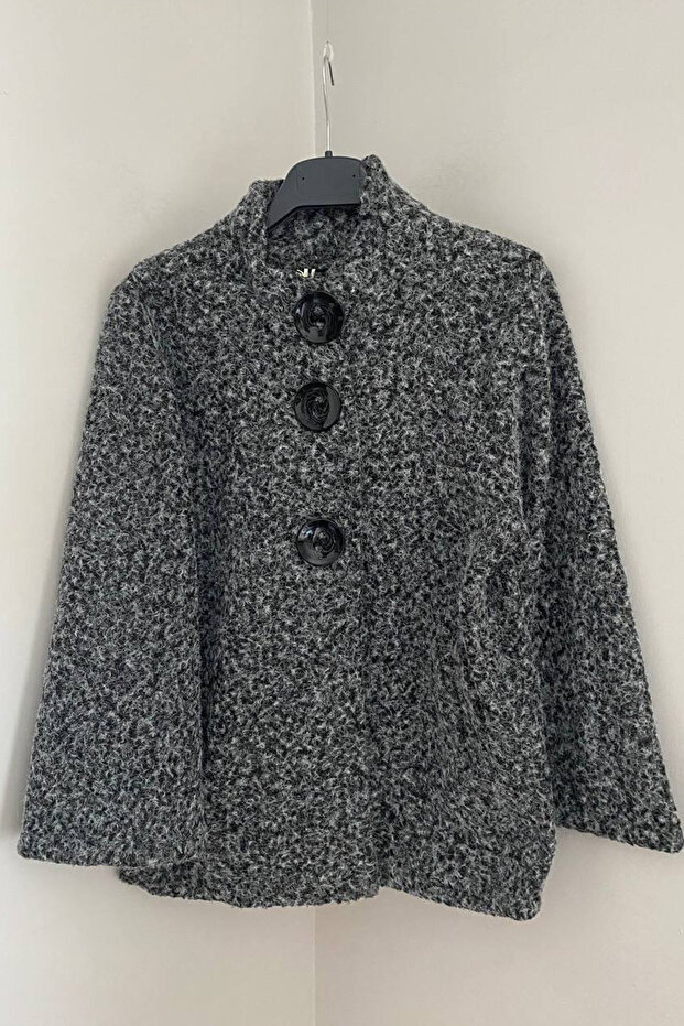 Women's Italian Gray Asymmetrical Large Buttoned Felt Coat with Pockets