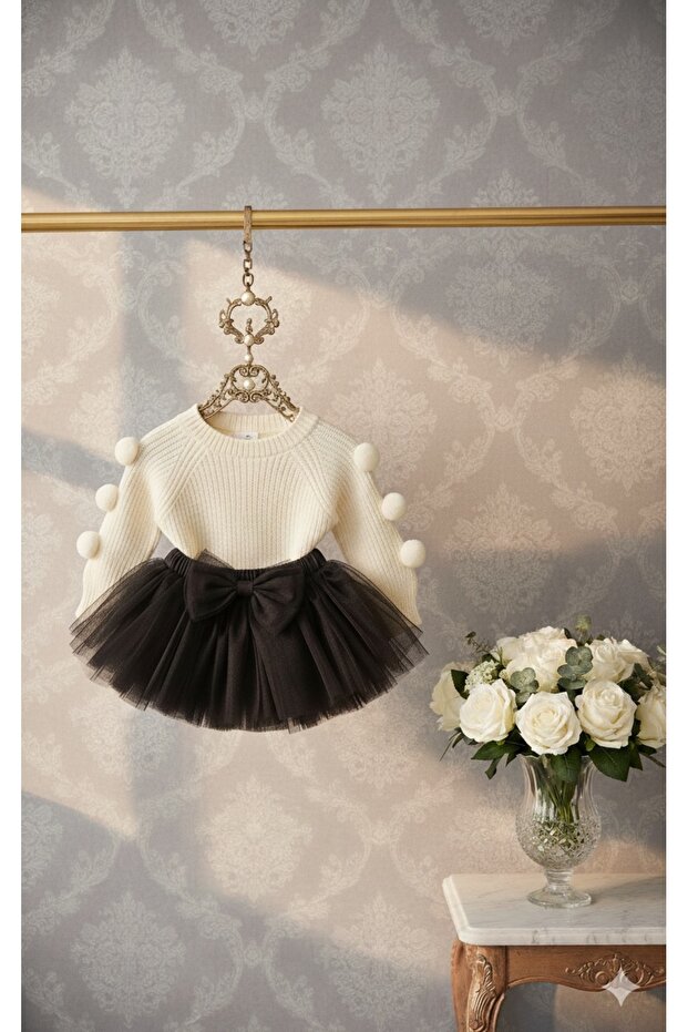 Girl's Black Tutu and Pom-Pom Knit Sweater Set