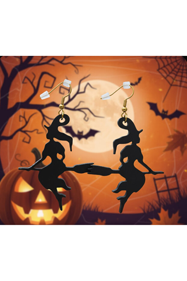 2 Pairs Flying Witch with Broomstick Earrings - Lightweight Women's Earring Set with Gothic and Halloween Concept