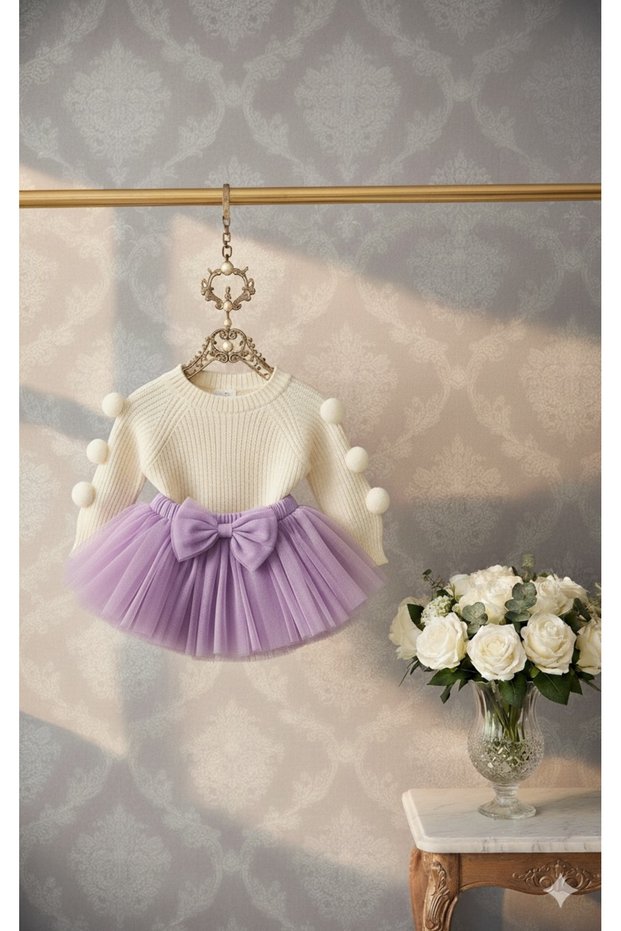 Girl's Lilac Tutu Skirt and Pom-Pom Sweater Set