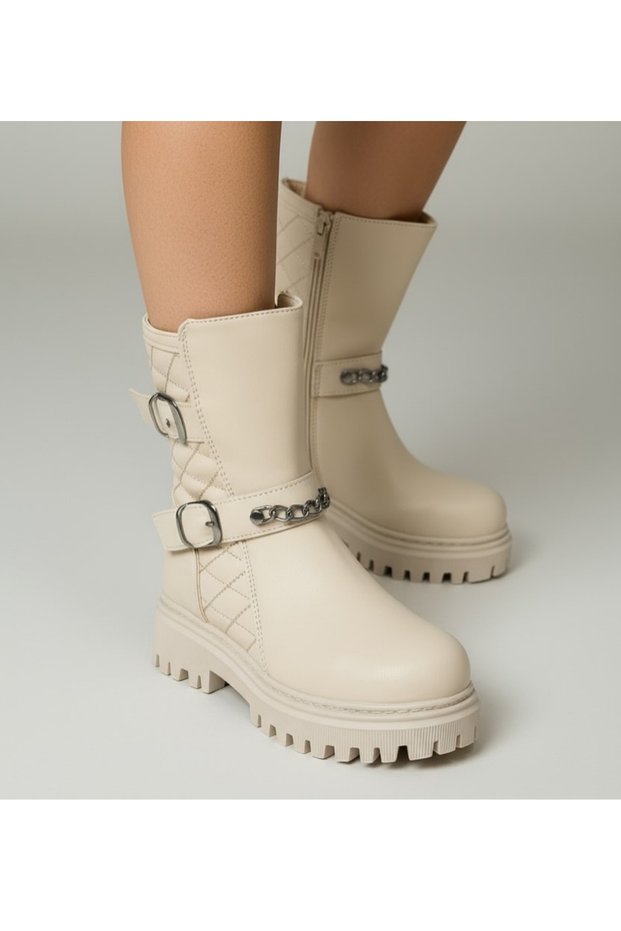 Girls' Cream Colored Warm Lining Quilted Zippered Boots