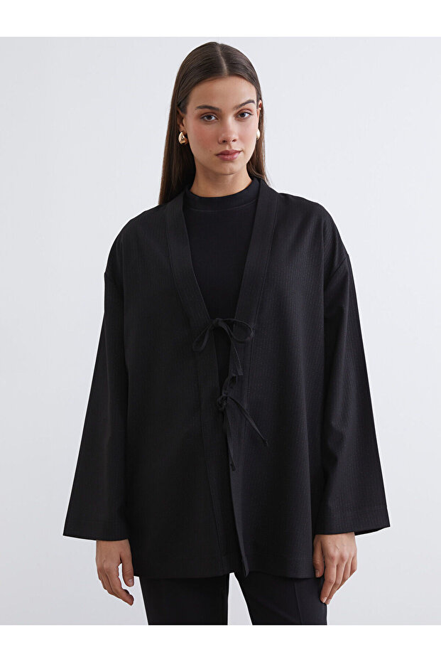 Lcw Modest Black Shawl Collar Striped Oversized Women's Kimono