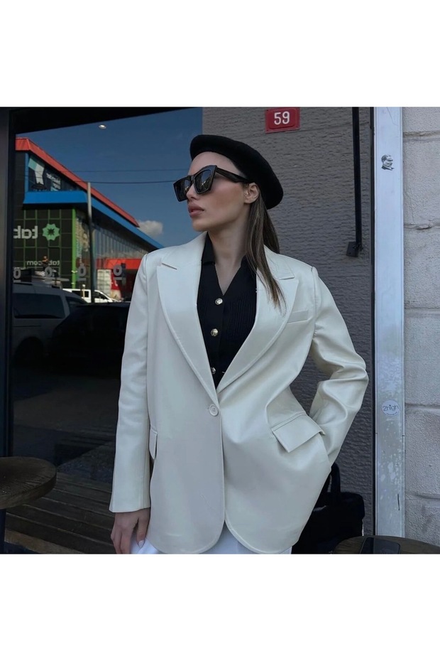 Krem Deri Blazer Ceker - 1