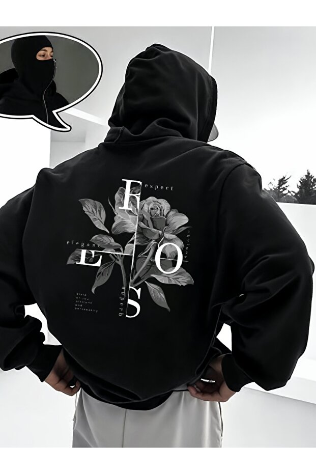 Unisex Ninja Masked 3 Thread O Oversized K Hooded Sweatshirt - Winter Fleece