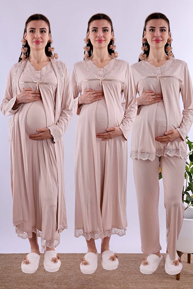 Cotton Maternity Set with Hidden Breastfeeding Feature, 4 Pieces Effortt - Beige Color