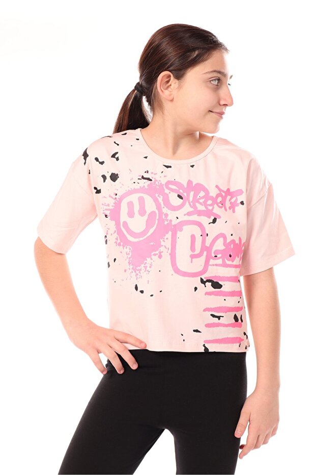 Girl's Printed Crew Neck Short Sleeve Slit T-Shirt