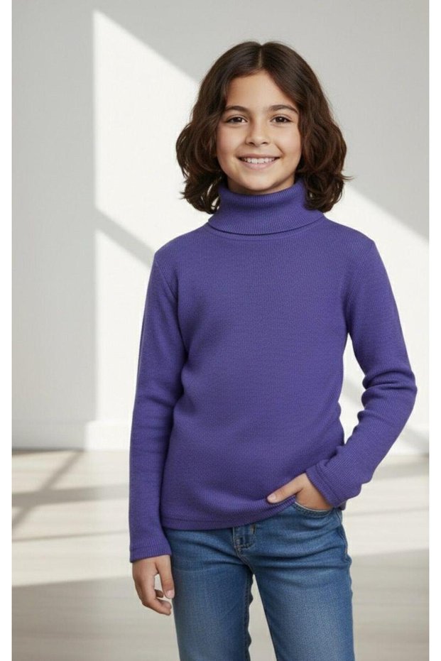 Unisex Children's Long Sleeve Full Turtleneck Corded Fabric Kaskorse Cotton Sweater Body Purple