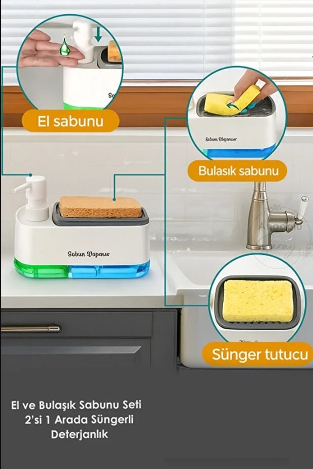 Double Chamber Liquid Soap Dispenser and Automatic Detergent Dispenser with Sponge Hand and Dish Soap Set Kitchen Bathroom - 3