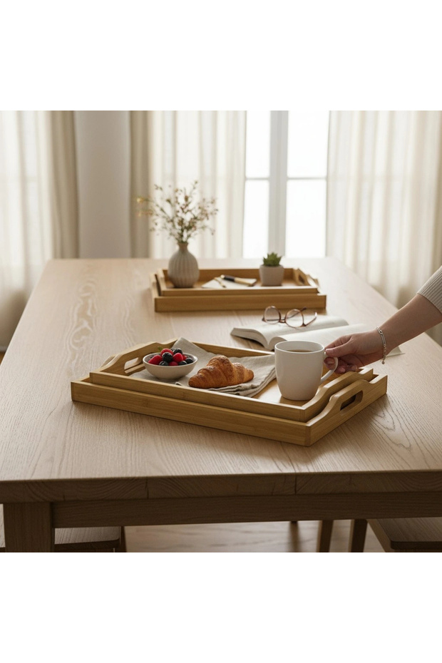 Dikdörtgen Bambu Tepsi 3'lü Set - 2