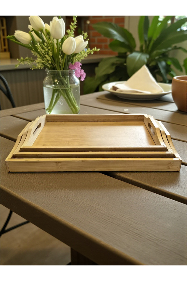Dikdörtgen Bambu Tepsi 3'lü Set - 6