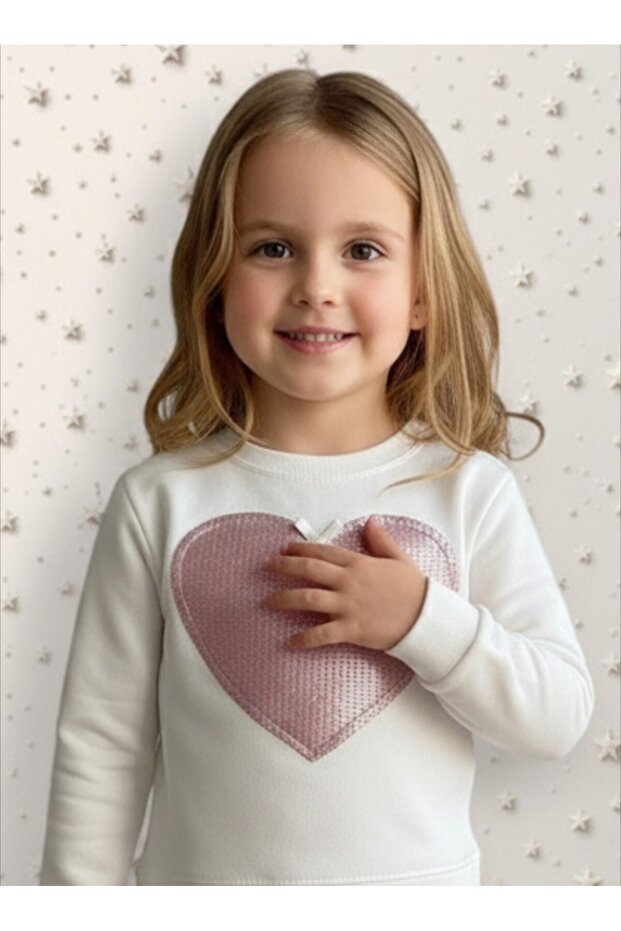 Long-Sleeved Winter Shardonsoz Heart and Bow Detailed Cotton Stretch Fabric Sweatshirt