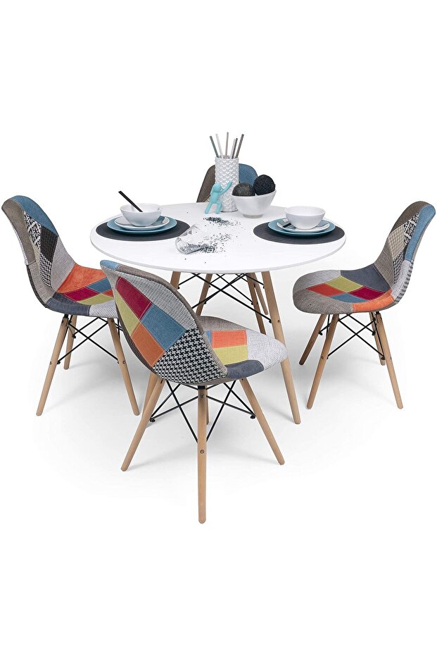 Sliko Eames 1 Round MDF Dining Table + 4 Patchwork Cushioned Chairs Dining Set - White