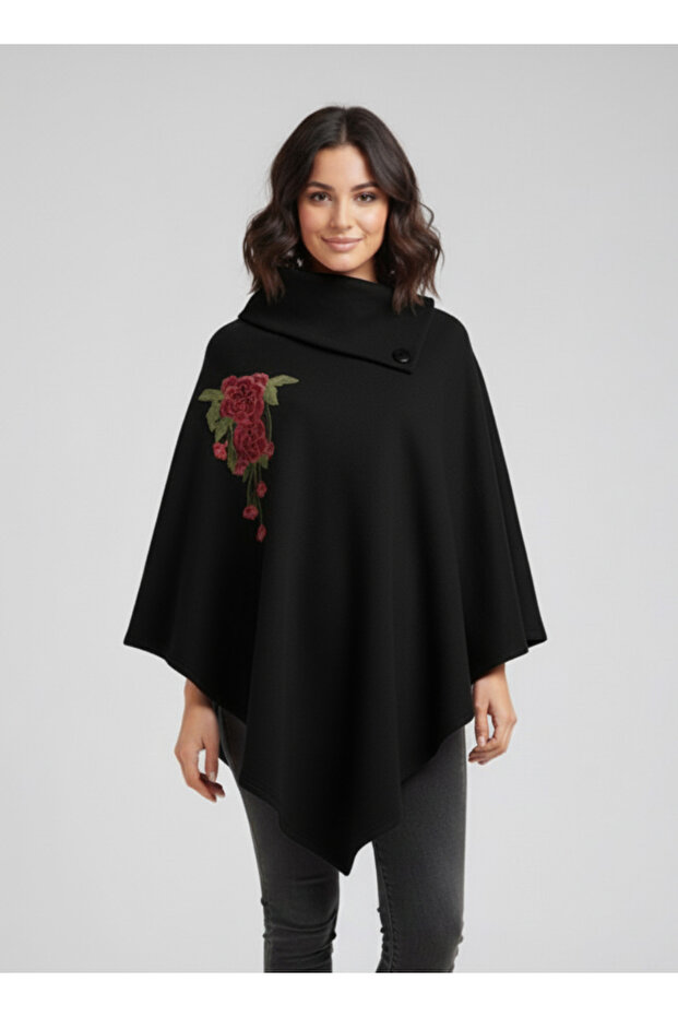 Black Asymmetrical Cut Flower Detailed Poncho