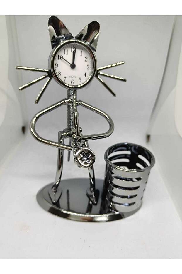 Desk Clock with Cat Figure and Pen Holder