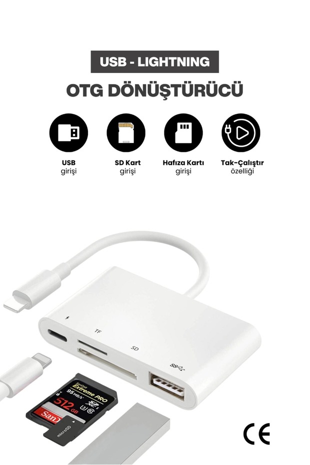 محول Lightning OTG - USB + بطاقة SD + قارئ بطاقات Micro SD - محول iPhone OTG